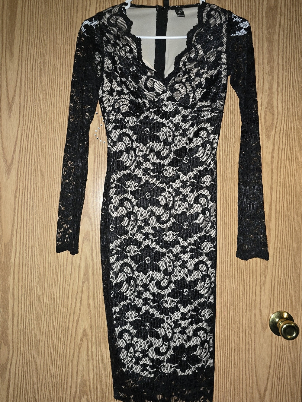Windsor Black Lace Long Sleeve Sheath Dress with Nude Lining